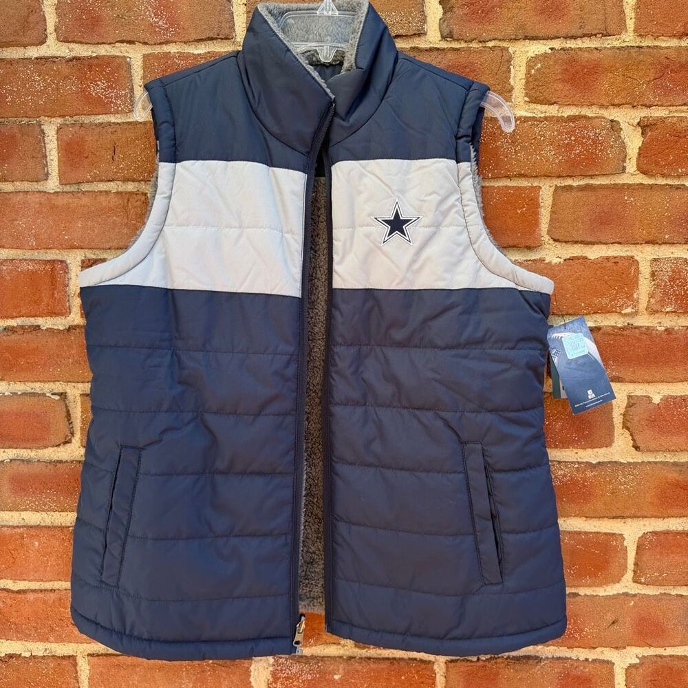NFL Team Apparel Dallas Cowboys Fleece Lined Reversible Puffer Vest Navy L NWT